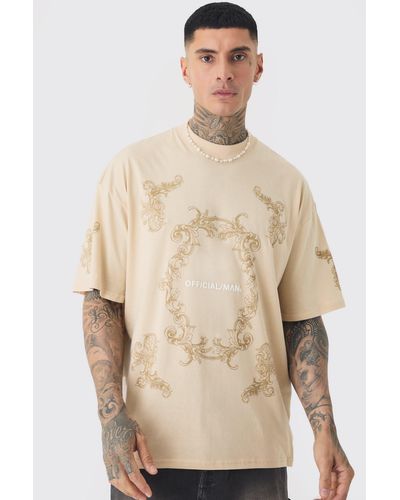 BoohooMAN Tall Oversized Extended Official Man Baroque Print T-shirt - Natur