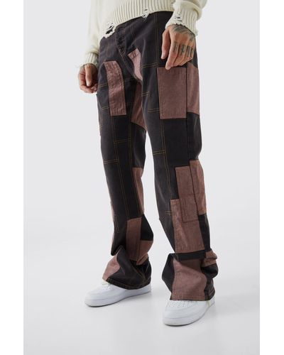 BoohooMAN Tall Relaxed Rigid Flare Patchwork Jeans - Black