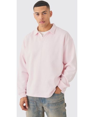 BoohooMAN Oversized Revere Neck Rugby Polo - Pink