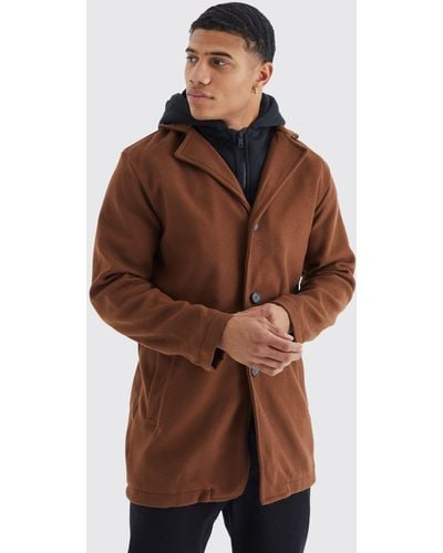 BoohooMAN Single Breasted Wool Mix Overcoat With Hood - Brown