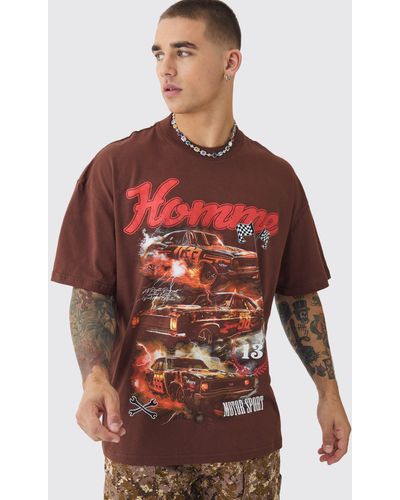 BoohooMAN Oversized Extended Neck Car Graphic Wash T-shirt - Red