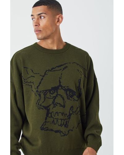 BoohooMAN Oversized Line Graphic Skull Knitted Sweater - Green