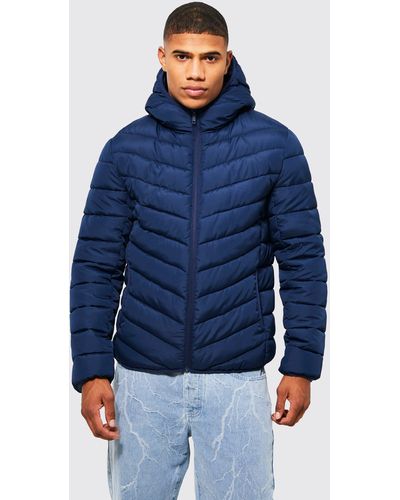 BoohooMAN Quilted Zip Through Jacket With Hood - Blue