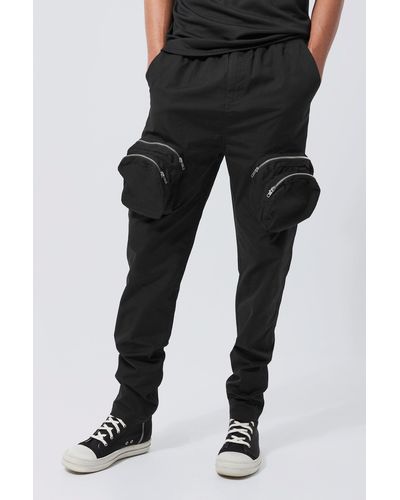 BoohooMAN Tall Slim Fit Smart 3d Zip Cargo Trouser - Black