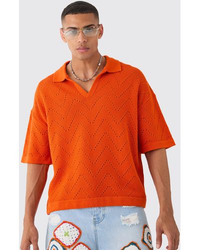 BoohooMAN Boxy Oversized Open Stitch Knitted Polo - Orange