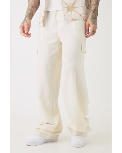 BoohooMAN Tall Elasticated Waist Oversized Linen Cargo Trouser In Natural - White