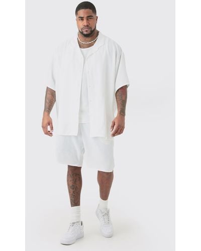 BoohooMAN Plus Short Sleeve Oversized Linen Shirt & Short Set In White