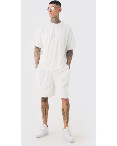BoohooMAN Tall Embossed Check Towelling T-shirt & Short Set In White