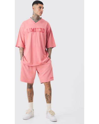 BoohooMAN Tall Embroidery Limited Varsity T-shirt & Short Set - Pink