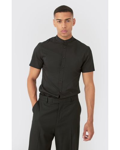 BoohooMAN Short Sleeve Grandad Slim Shirt - Black