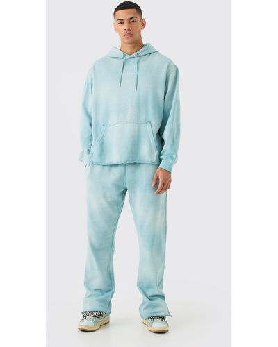 BoohooMAN Embroidery Oversized Sun Bleached Wash Hooded Tracksuit - Blue