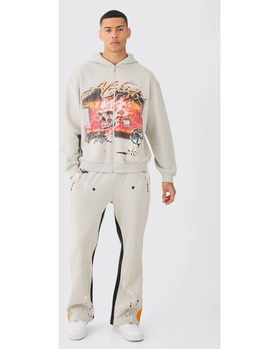 Boohoo Oversized Washed Paint Splatter Graphic Zip Through Tracksuit - Gray