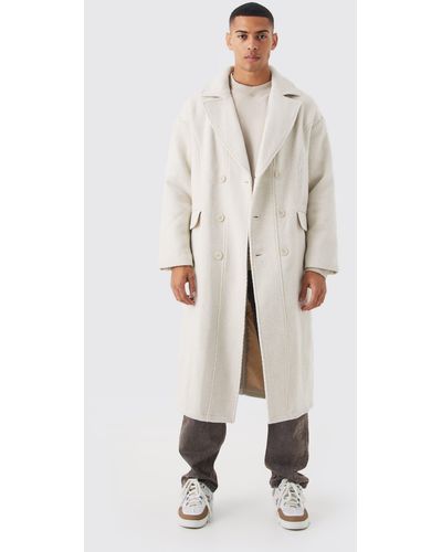 BoohooMAN Wool Look Double Breasted Textured Overcoat - Natural