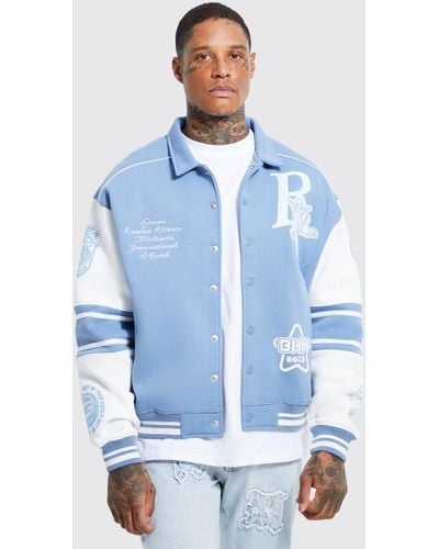 BoohooMAN Boxy 13 Applique Jersey Varsity Harrington Jacket - Blue