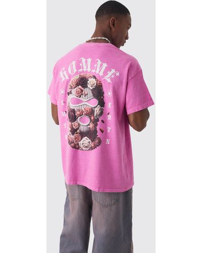 BoohooMAN Oversized Floral Mask Graphic Wash T-shirt - Pink