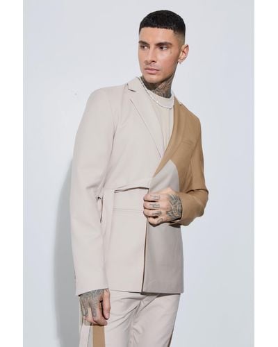 BoohooMAN Tall Skinny Fit Color Block Wrap Front Blazer - White