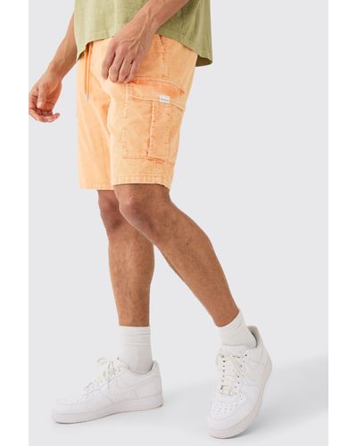 BoohooMAN Elastic Waist Relaxed Acid Wash Cord Cargo Short In Orange