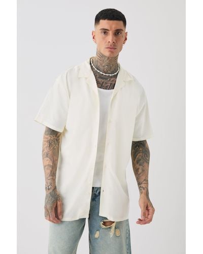 BoohooMAN Tall Linen Oversized Revere Shirt In Ecru - White