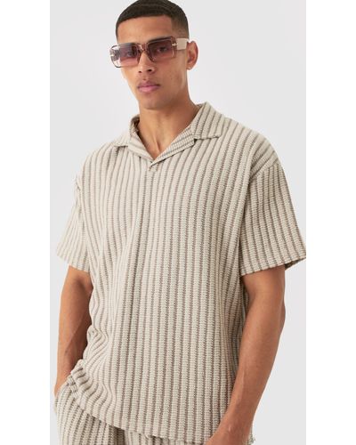 BoohooMAN Oversized Striped Textured Revere Polo - Mehrfarbig