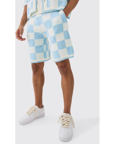 BoohooMAN Relaxed Mid Length Check Knitted Short - Blau
