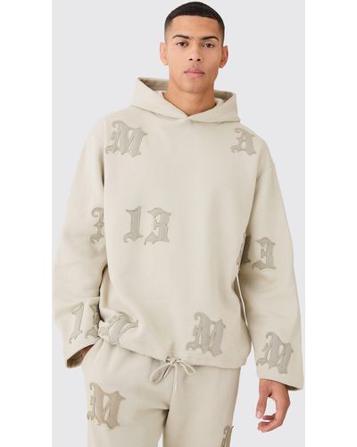 BoohooMAN Oversized All Over Applique Open Hem Tracksuit - Natural