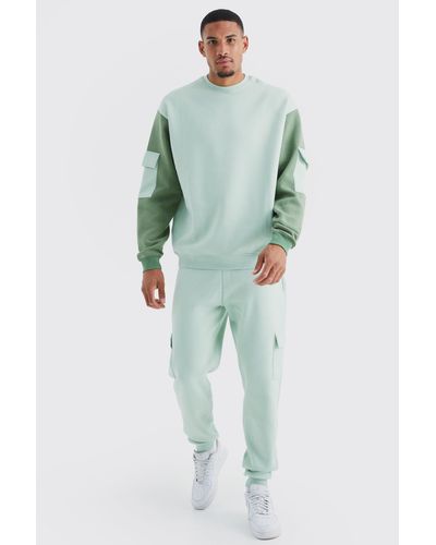 BoohooMAN Tall Oversized Color Block Cargo Tracksuit - Green