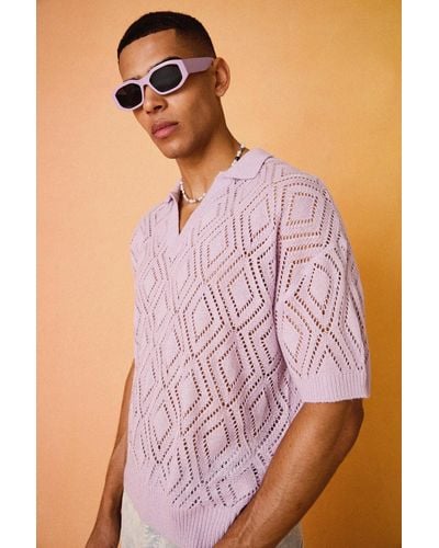 BoohooMAN Short Sleeve Boxy Fit Revere Open Knit Polo In Lilac - Purple