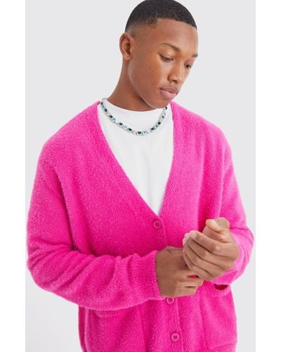 BoohooMAN Boxy Fluffy Knitted Cardigan - Pink