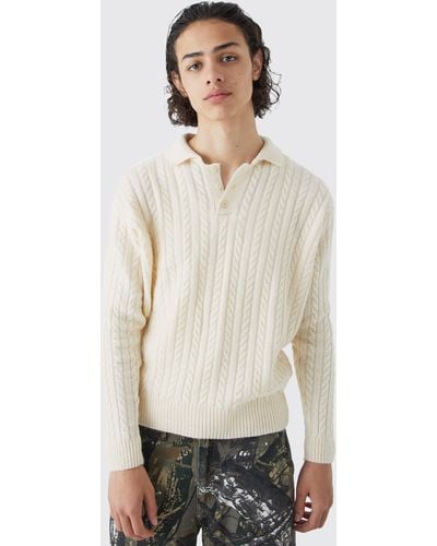 BoohooMAN Boxy Long Sleeve Cable Knitted Polo - White