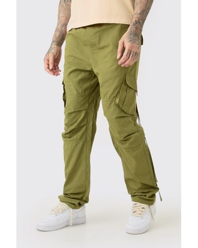 BoohooMAN Tall Elasticated Waist Straight Washed Ripstop Cargo Trousers - Green