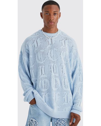 BoohooMAN Oversized Ofcl Jaquard Open Knit Sweater - Blue