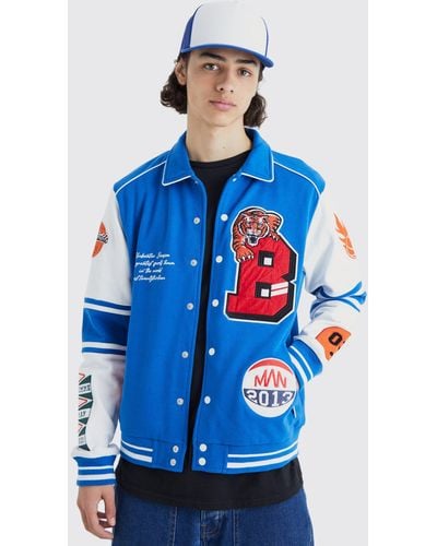 BoohooMAN Jersey Harrington Varsity Jacket - Blue
