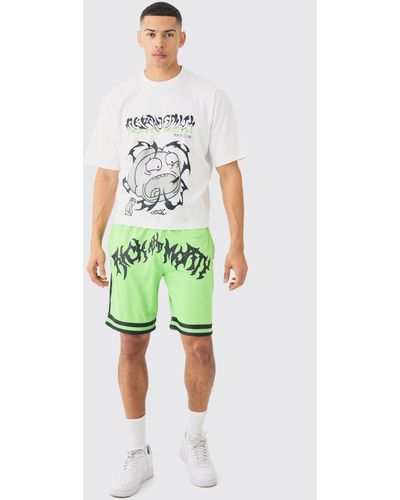 BoohooMAN Oversized Rick And Morty License T-shirt And Short Set - Green