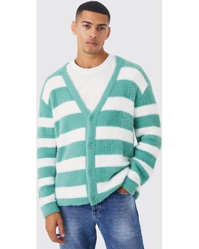BoohooMAN Oversized Stripe Fluffy Cardigan - Green