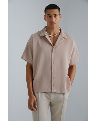 BoohooMAN Pleated Short Sleeve Oversized Boxy Shirt - Brown