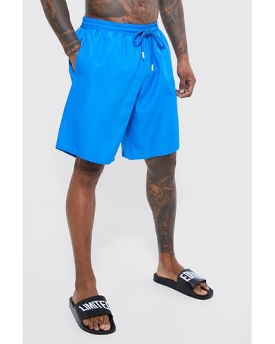 BoohooMAN Long Length Plain Swim Shorts - Blue
