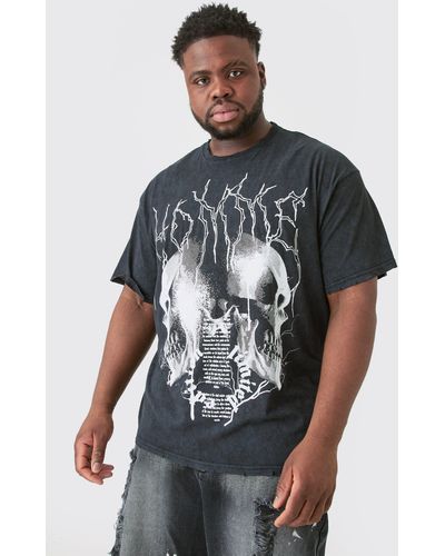 Boohoo Plus Distressed Oversized Acid Wash Gothic Print T-shirt - Gray