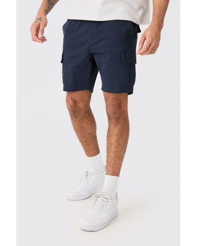 BoohooMAN Elastic Waist Navy Skinny Fit Cargo Shorts - Blue