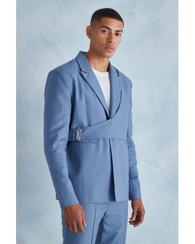 BoohooMAN Oversized Boxy Wrap Over Detail Suit Jacket - Blue