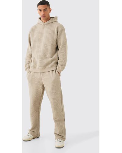 BoohooMAN Quilted Herringbone Oversized Hooded Tracksuit - Natural