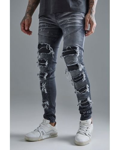 BoohooMAN Tall Super Skinny Pu Biker Rip & Repair Paint Splatter Jeans - Black