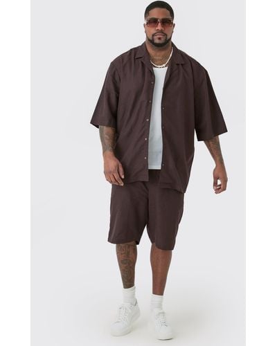 BoohooMAN Plus Drop Revere Linen Shirt & Short Set In Chocolate - Brown