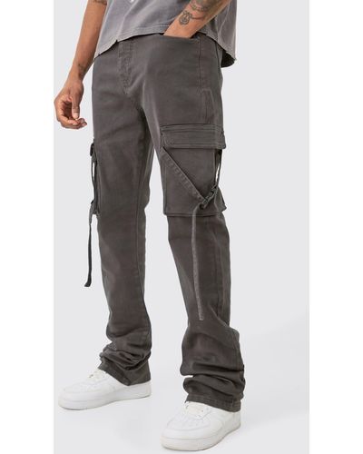 BoohooMAN Tall Fixed Waist Slim Stacked Flare Strap Cargo Pants - Gray
