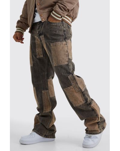 BoohooMAN Relaxed Rigid Flare Patchwork Jeans - Brown