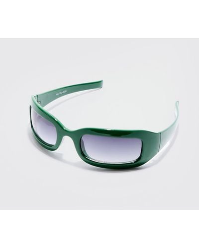 Boohoo Chunky Wrap Around Rectangle Sunglasses In Green - Blue