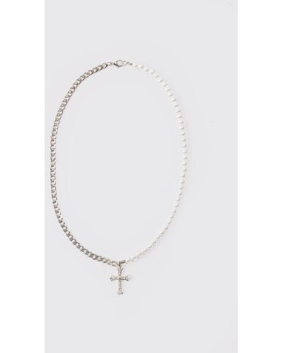 BoohooMAN Pearl And Cuban Chain Necklace With Cross Pendant In Silver - White