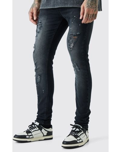 BoohooMAN Tall Super Skinny Distressed Paint Splat Jeans - Black