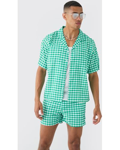 Boohoo Gingham Shirt & Swim Short Set - Verde