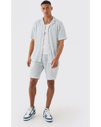 BoohooMAN Two Tone Oversized Ripple Pleated Shirt And Short - Weiß