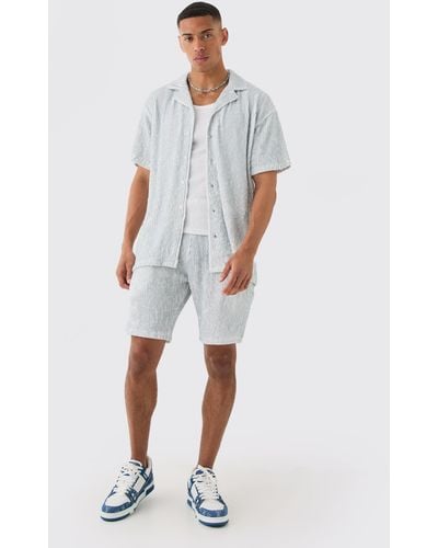 BoohooMAN Two Tone Oversized Ripple Pleated Shirt And Short - White